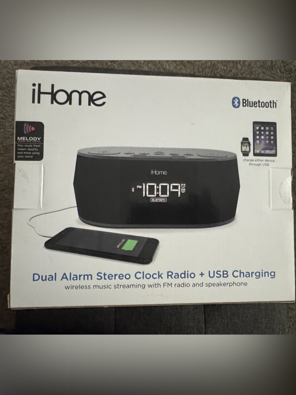 iHome Black Bluetooth Dual Alarm Clock with USB Charging
